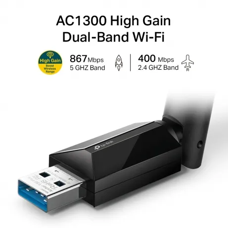 AC1300 High Gain Wi-Fi Dual Band USB Adapter 867Mbps at 5GHz + 400Mbps at 2.4GHz USB 3.0 1xHigh Gain External Antenna MU – afbeelding 4