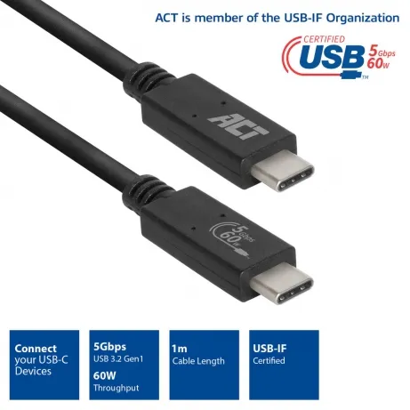 ACT USB-C Connection Cable USB 3.2 Gen1 (5Gbps) 60W – afbeelding 2