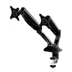 Flexible desk mount for dual monitor with height adjustable gas spring. Deskmount with clamp or grommet. Monitor size 10