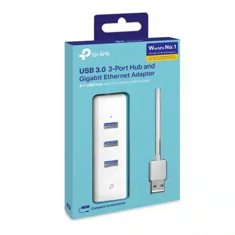 USB 3.0 to Gigabit Ethernet Network Adapter with 3-Port USB 3.0 Hub 1 USB 3.0 connector 1 Gigabit Ethernet port 3 USB 3. – afbeelding 4